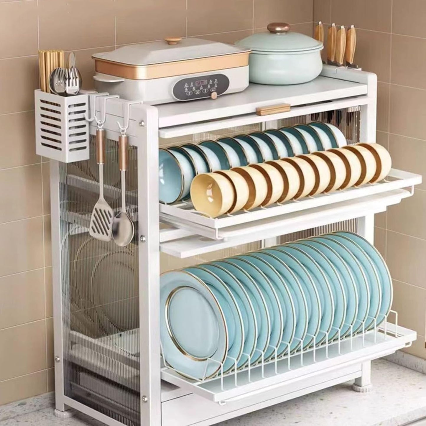 4-Layer Dust-Proof Kitchen Dish Storage Cabinet with Drawers