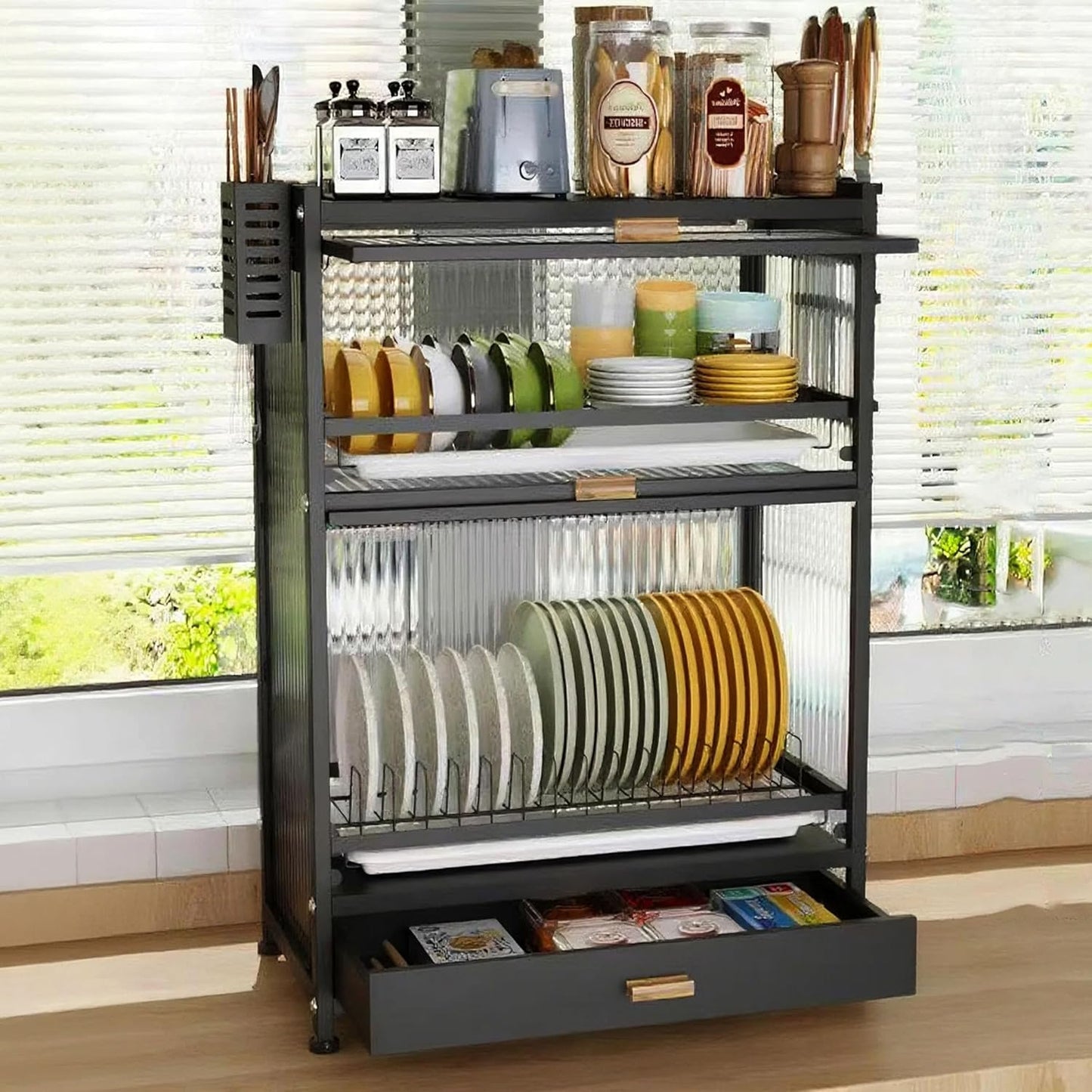 4-Layer Dust-Proof Kitchen Dish Storage Cabinet with Drawers