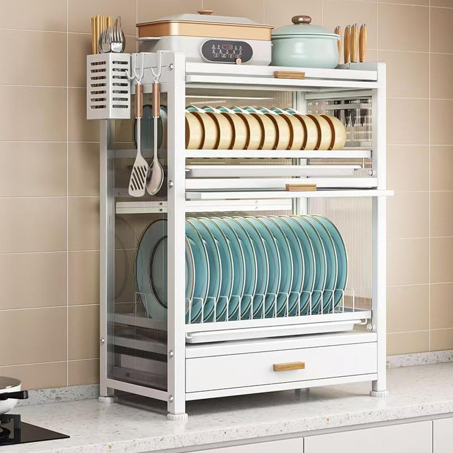 4-Layer Dust-Proof Kitchen Dish Storage Cabinet with Drawers